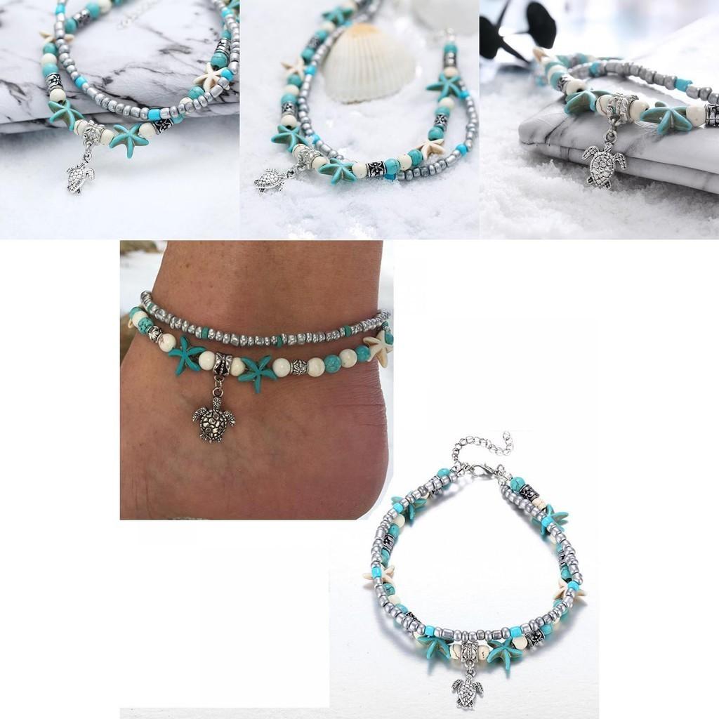 Vintage Blue Starfish Shell Anklet Beach Turtle Anklet Vacation Rice Bead Anklet