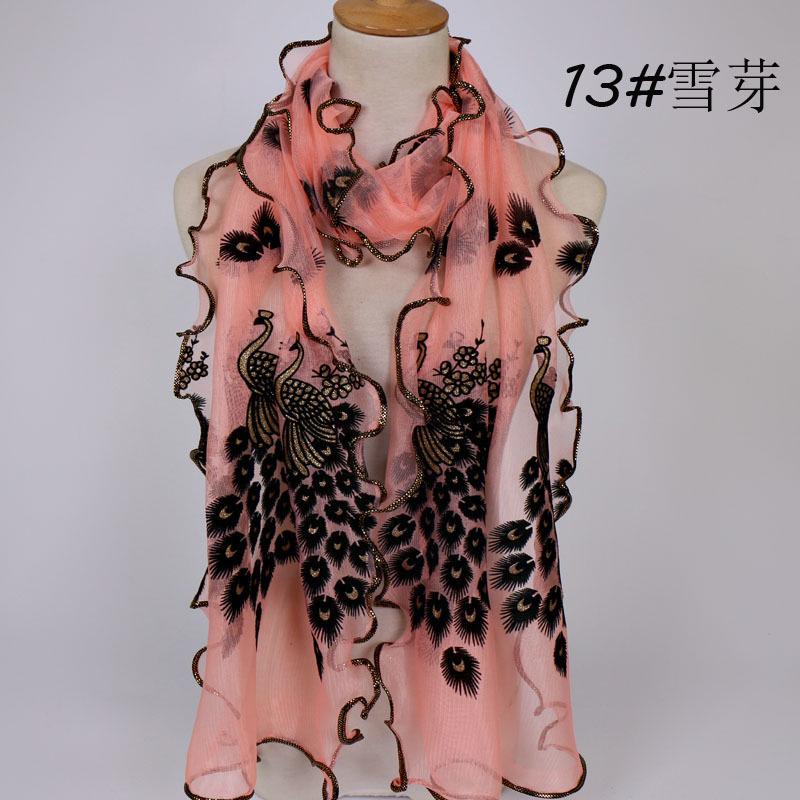 

Бархатное дышащее длинное полотенце с павлинами, женский шарф с бронзовой окантовкой и кружевом 190-40cm