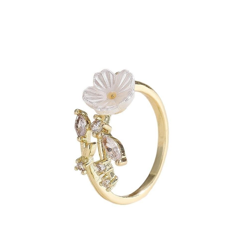 Leaf Design Flower Crystal Ring Wedding Zircon Ring Elegant Flower Opening Ring  Gifts Flower Gold