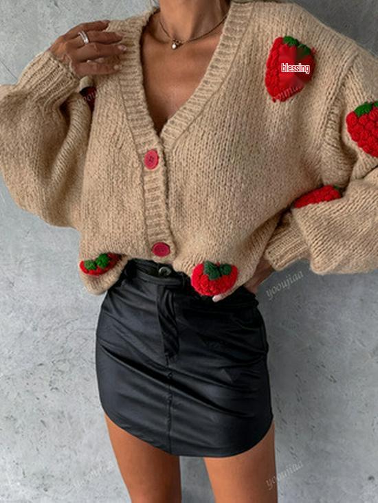 European V-Neck Single-Breasted Strawberry Knit Cardigan