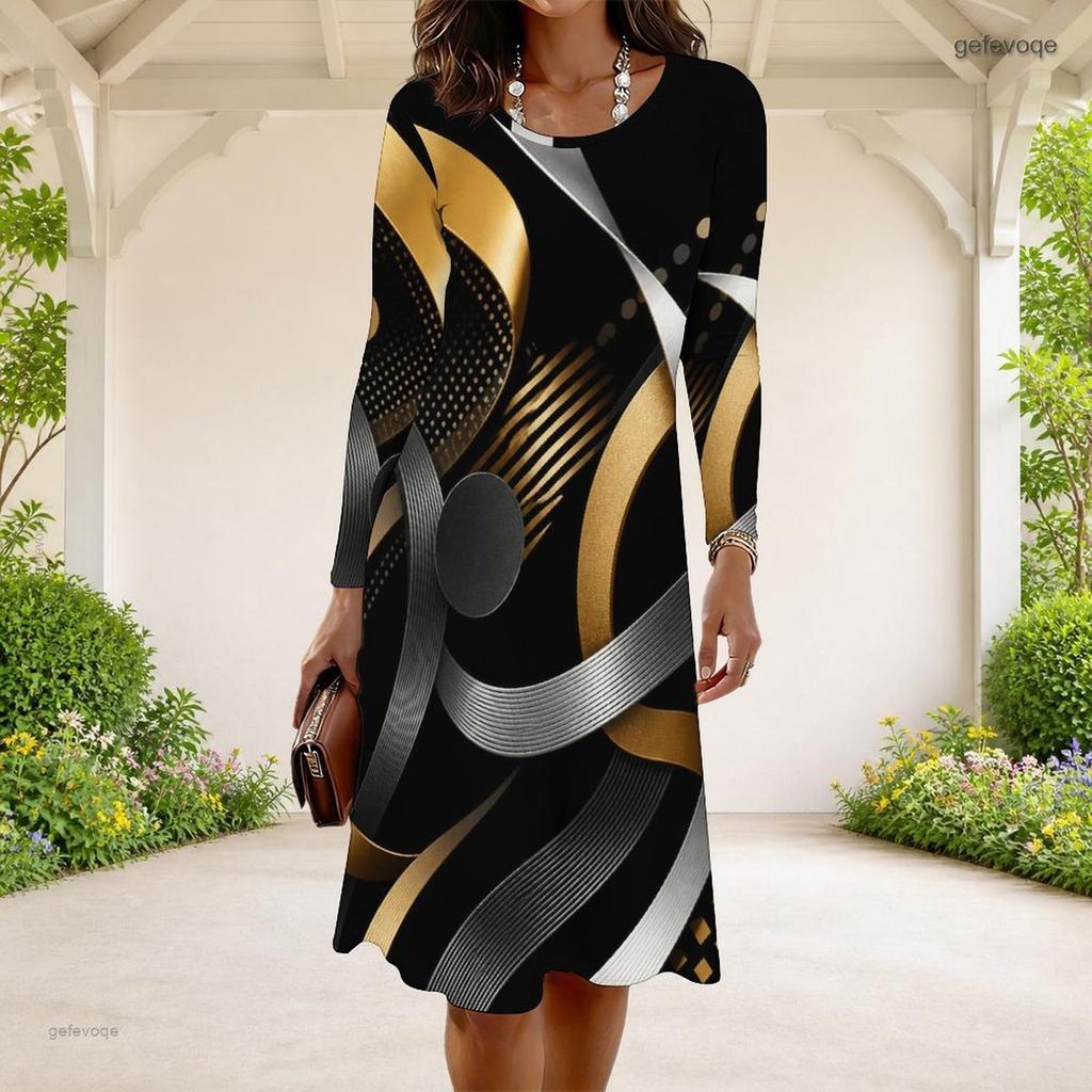 Women Plus Size Dark Purple Round Neck Long Sleeve Halloween Printed A Line Dress