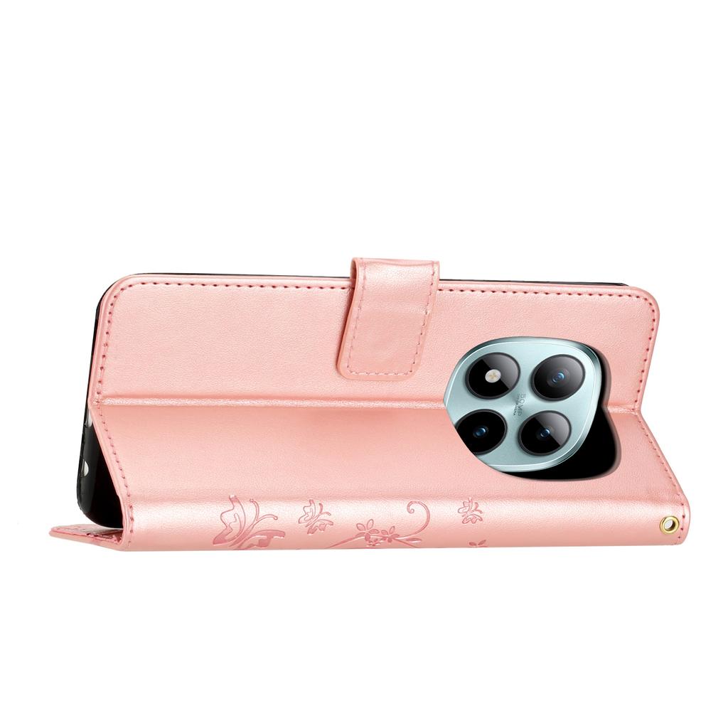 Pro Xiaomi Redmi Note 15 Pro 5G (Globální) Kožené pouzdro peněženka s potiskem motýlů a květin, kryt na telefon s popruhem