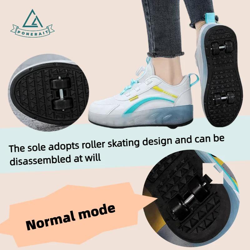 PONERAIT Unisex Kids Quad Skates - 4 Wheels Roller Skates with Mesh Upper Textured Sole Rotating Buckle Design for Age 7-12