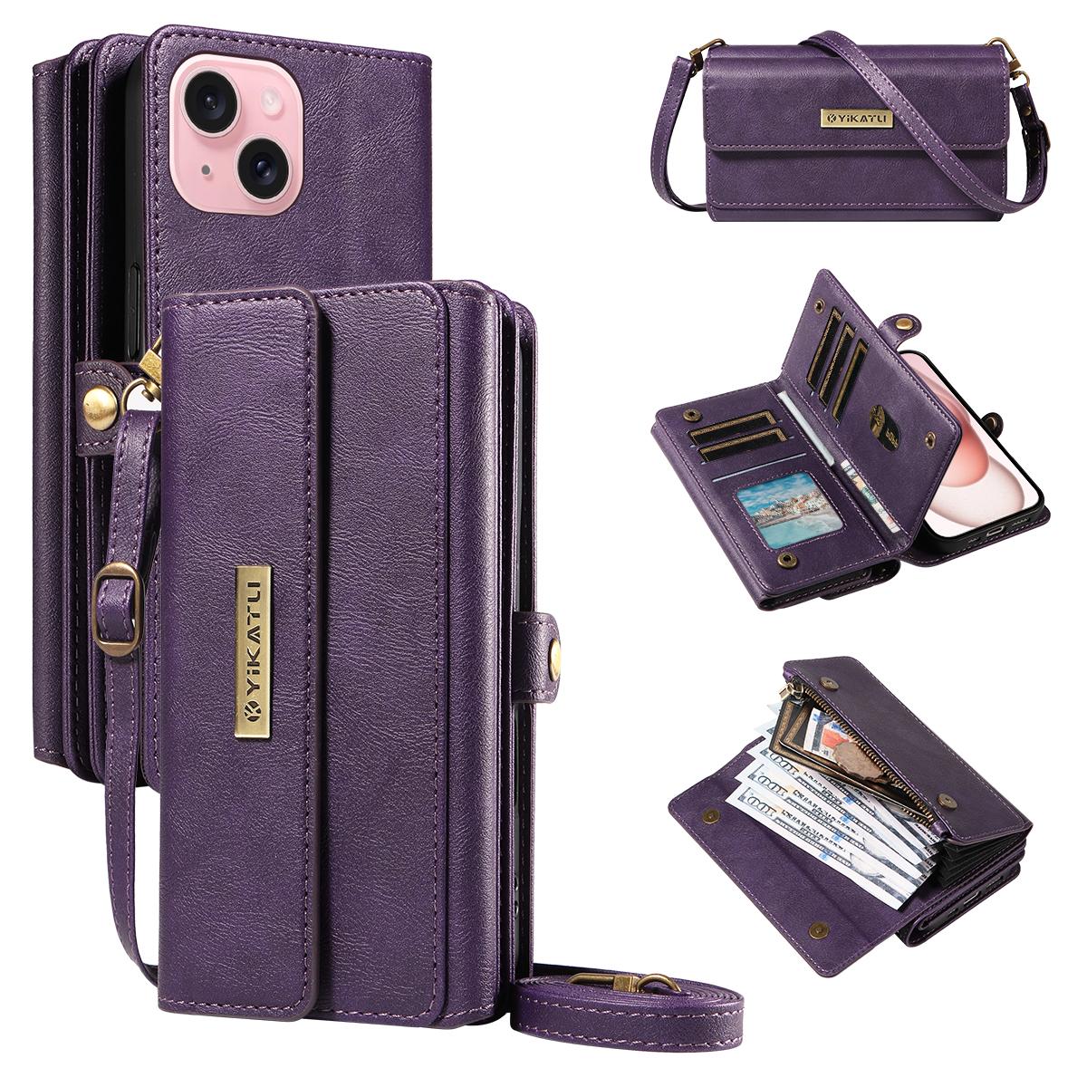 

For iPhone 15 Case YIKATU YK-008 Zipper Wallet Leather Phone Cover with Shoulder Strap Purple