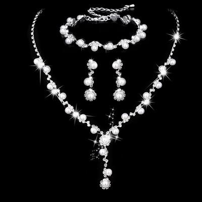 Sunflower Rhinestone Pearl Necklace Earrings Bracelet Three-piece Set, Wedding Accessories