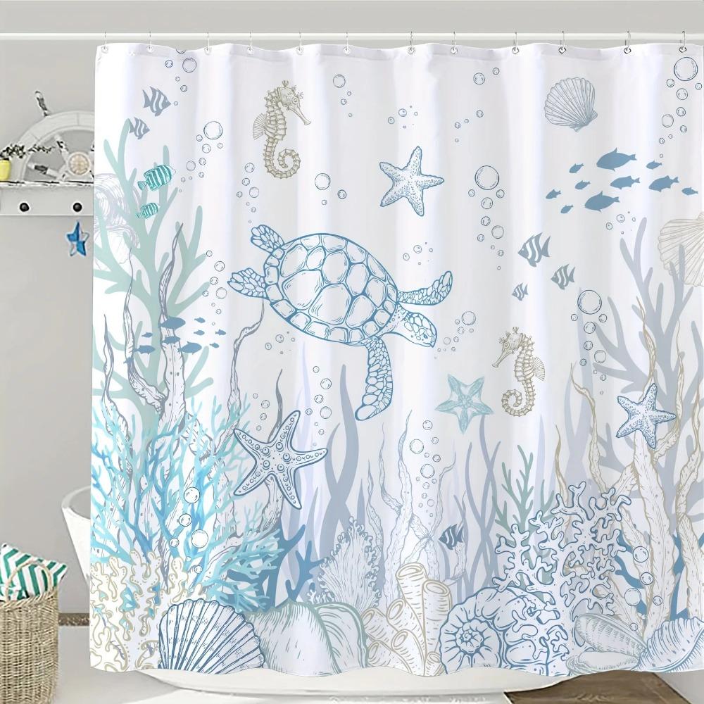 1pc Nautical Coastal Turtle Shower Curtain - Ocean Themed with Coral, Starfish & Seahorse, 12 Hooks, Bathroom Decor