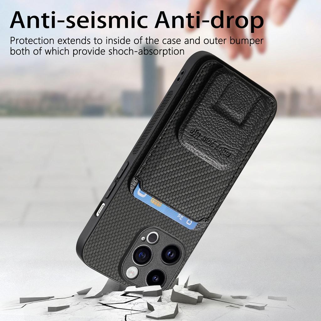 Foldable Bracket Carbon Fibre Vertical Cards Bag Case for iPhone 15 Pro Max 14 Plus 13 12 Mini 11 X XS 7 8 SE 2022 Pocket Cover