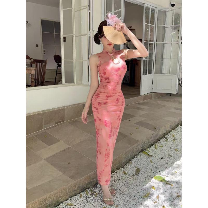 Guofeng 9733 New Chinese Style Floral Mesh Qipao Dress