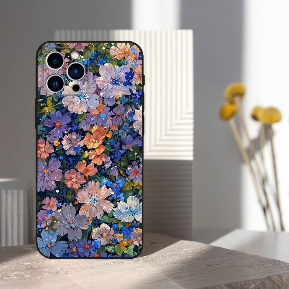 

Painting Artistic Flower Case For iPhone 12,14,15,16,11,17,13,X,Mini,SE,XS,Plus,Pro,Max,8,7,XR,Soft Silicone Black iPhone16PROMAX