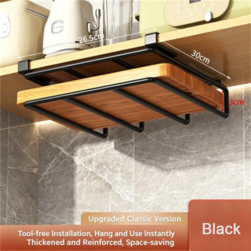 Kitchen Under Cabinet Hanging Organizer Rack with Hooks Multi-Purpose Holder for Paper Towel Cutting Board & Pot Lids