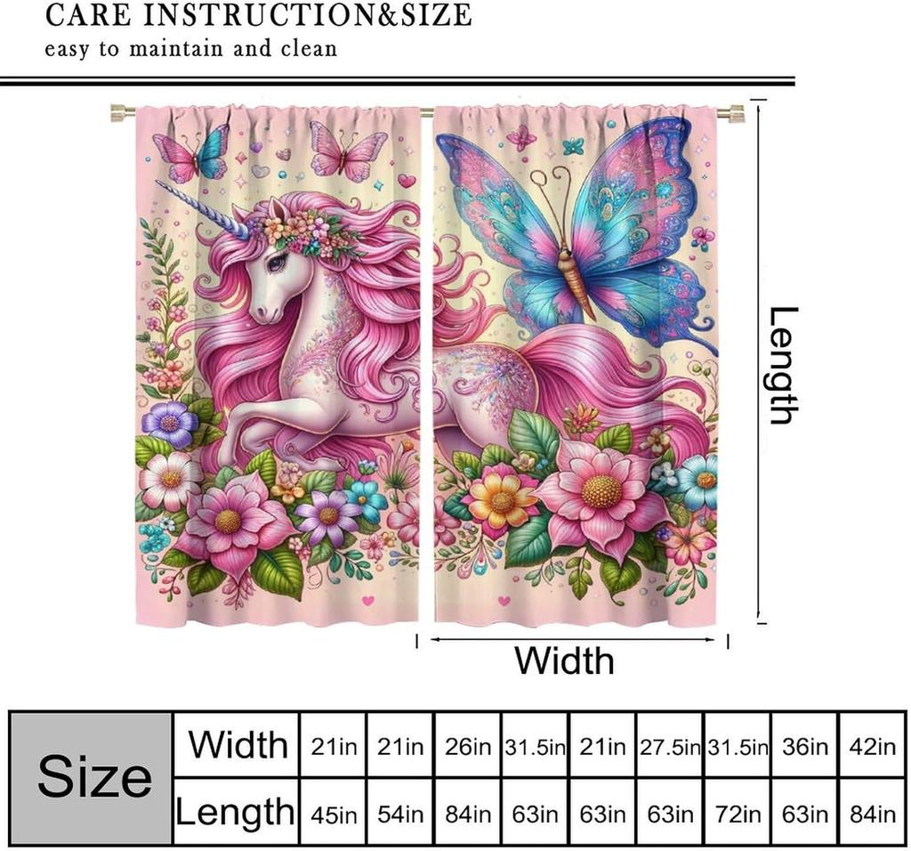 Tenda Fantasy Bambini Unicorno Cavallo Rosa Farfalla Fiore Unicorno Oscurante Finestra per Bambini Ragazzo Ragazza Camera da Letto Soggiorno