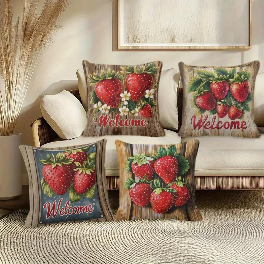 Strawberry Country-Style Digital Printing Pillow Cover Short Plush Suitable Living Rooms Bedrooms Sofas Throw Cushion Cover 4Pcs