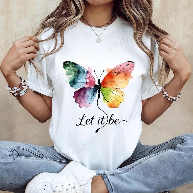High Street T-Shirt Let It Be Rainbow Butterfly Print Shirt Fashion T-shirt Watercolor Butterfly Women Tee Summer Brand Tops