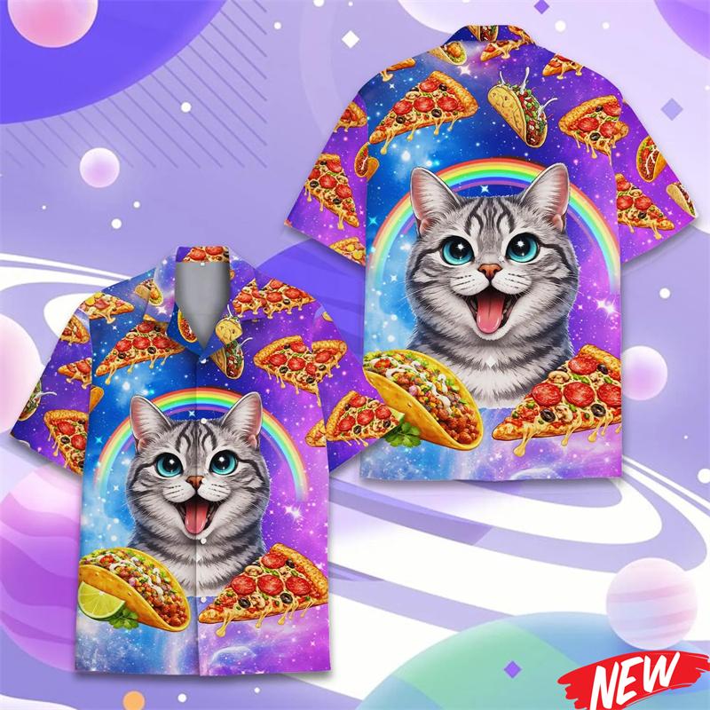 Lustiges Pizza-Katzenmuster Hawaiianisches Hemd für Herren 3D-bedruckte Tierhemden Sommer Strand Lässig Kurzarm Street Reversbluse