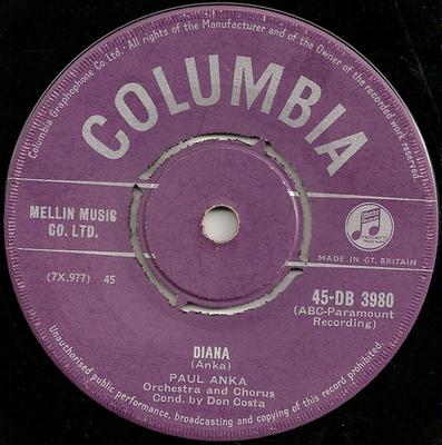 7inch Record PAUL ANKA - Diana 45DB3980 Columbia 1957 UK Rock Used