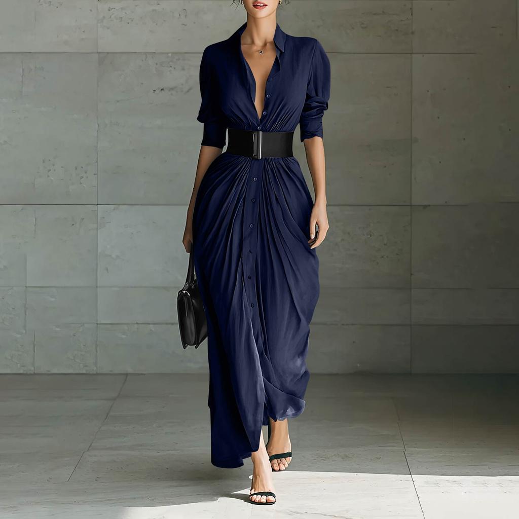 

Women s Color Fashionable Collared Button,Down Shirt Dress with Belt S темно-синього кольору