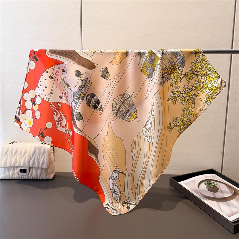 Hot Air Balloon Print Square Silk Scarf Soft Satin Lightweight Bandana for Women Vacation Neck Scarves Hairband Bag Accessory