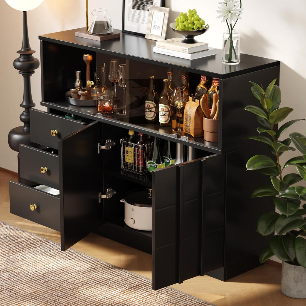 Sideboard Küchenschrank Glastüren 3 Schubladen 2 Türen Moderne Buffetschrank viel Stauraum Beistellschrank Esszimmer Wohnzimmer Schwarz 120cm