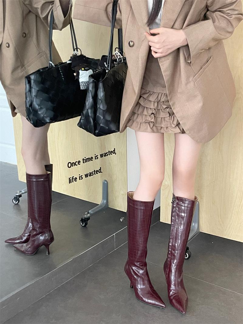 

2025 new autumn and winter long tube high-heeled women s boots stone pattern women s shoes 43