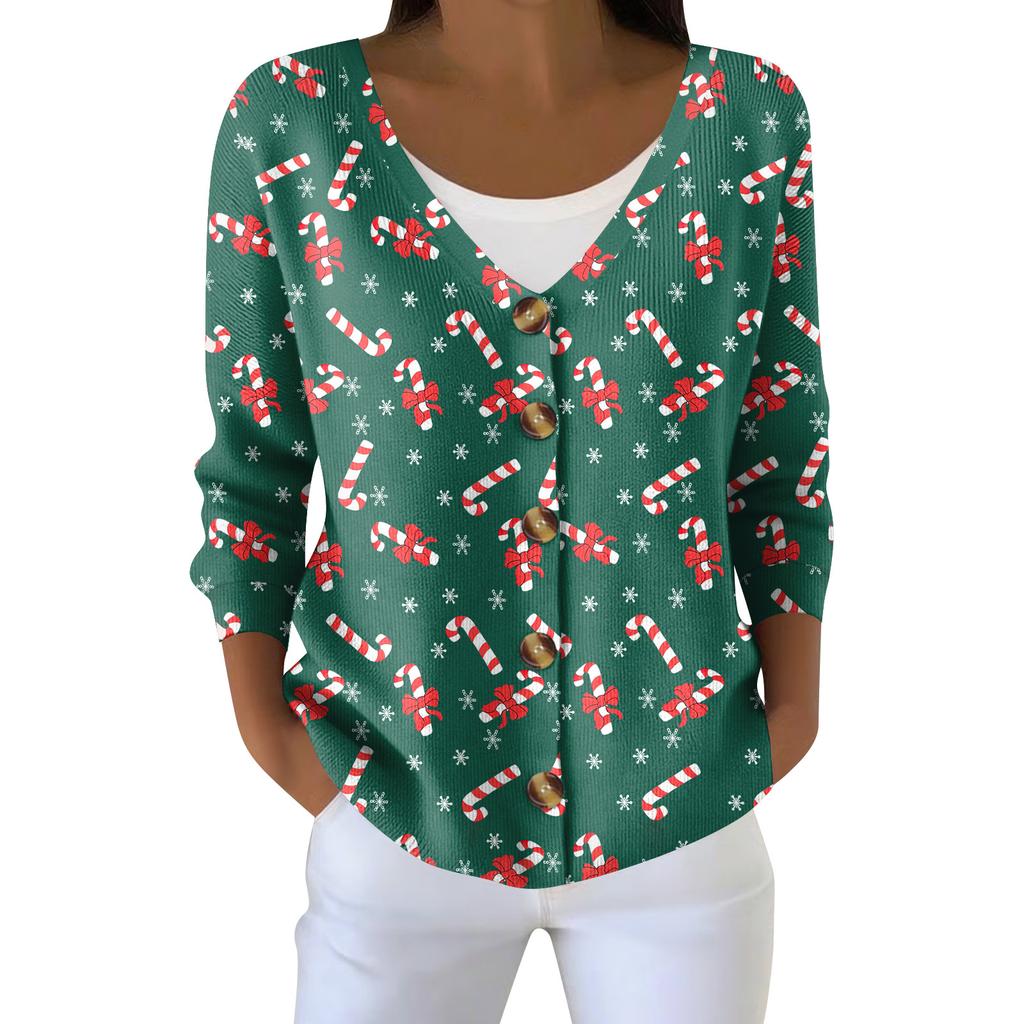 Women's Fashion Long Sleeve Christmas Snowman Snowflake Print Jacket Cardigan