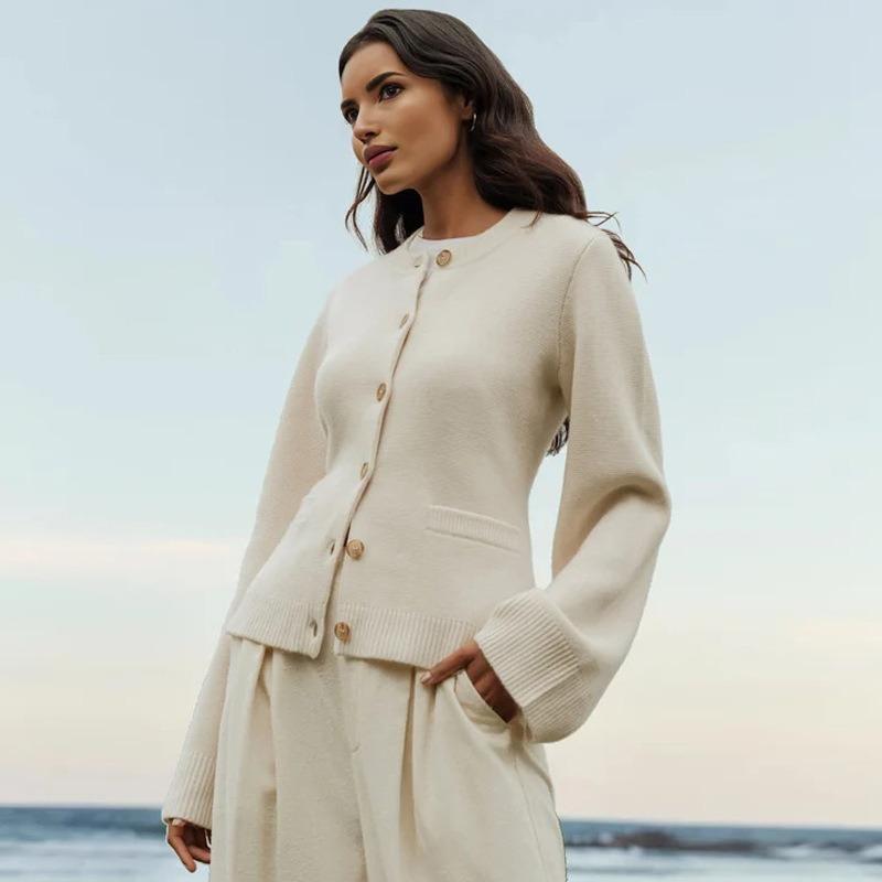 

Женский кашемировый вязаный свитер кардиган с длинными рукавами и круглым вырезом XS бежевый