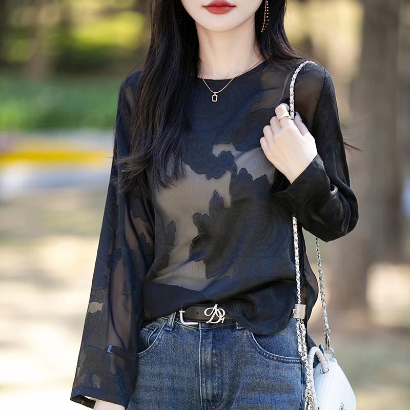 

Шикарная атласная жаккардовая блузка в китайском стиле с жакетом из тюля - женский топ с длинными рукавами и круглым вырезом