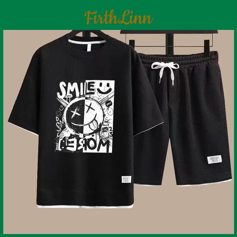 Waffle Summer Tshirt Set Mens Shorts Tracksuit Mens Streetwear Short Sleeve 2 Pieces Set Casual Men Sports Suit Clothing
