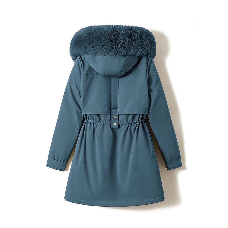 Women's 2026 Winter Mid-Length Velvet Parka with Large Fur Collar - Slimming Korean Style Cotton Jacket