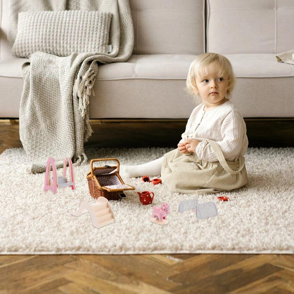 Wooden Horse Doll House Amusement Park Pretend Play Miniature Slide Swing  Model Decoration