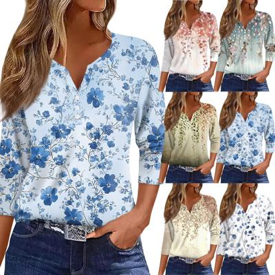 Women's T Shirt Print Button 3/4 Sleeve Daily Weekend Fashion Basic V- Neck Regular Top