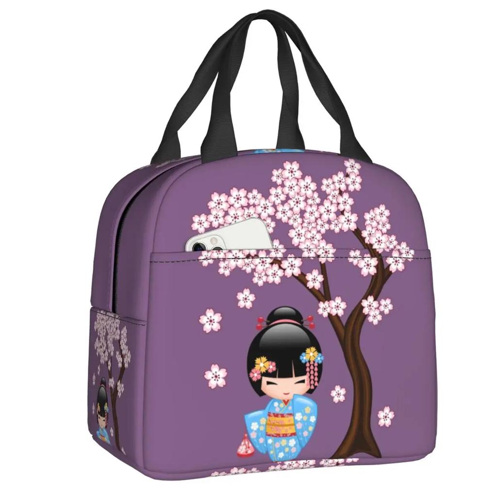 Japanese Spring Kokeshi Doll Insulated Lunch Bags Cute Girly Sakura Cherry Blossom Resuable Thermal Cooler Bento Box