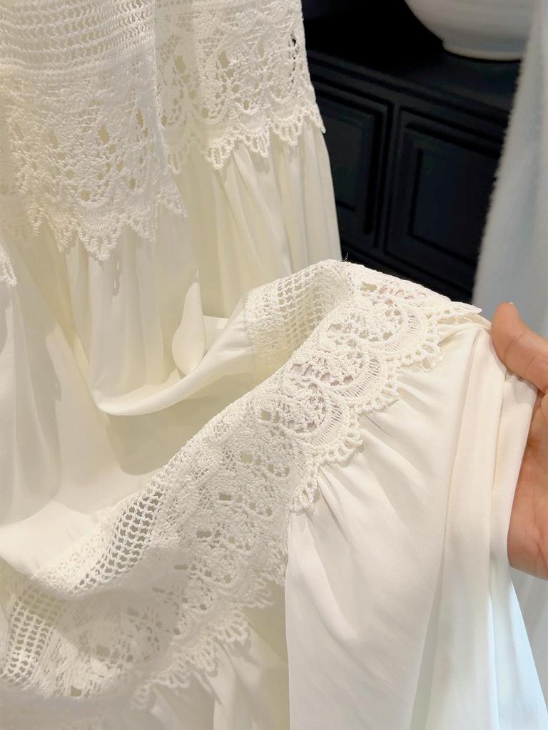 French Chic Hollow Lace Splicing High-Waisted A-Line Skirt - Women's Early Spring Casual Slim Fit