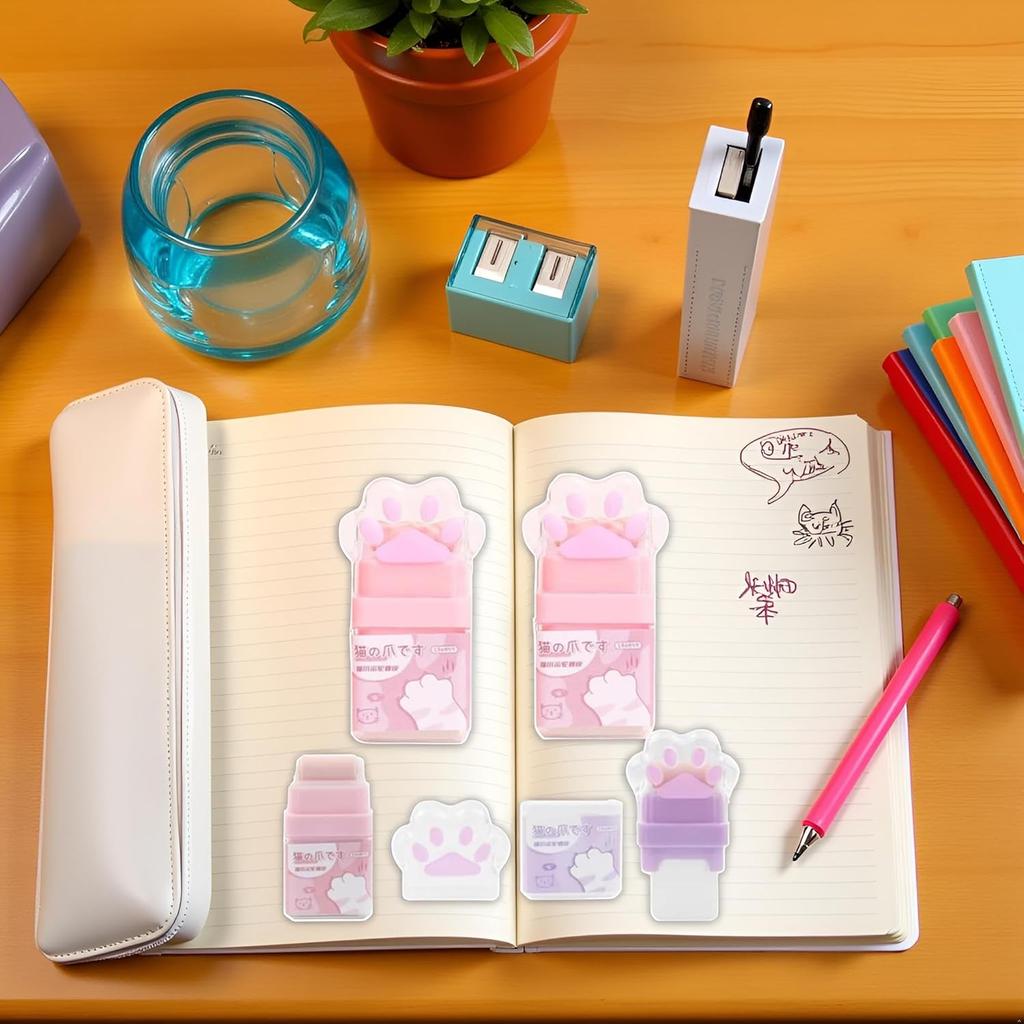 2Pcs Cat Paw Roller Eraser, Cute Cat Rubber, Multicolour Erasers for Kids, Colorful Roller Eraser, Kids with Shaving Roller Case for School Office