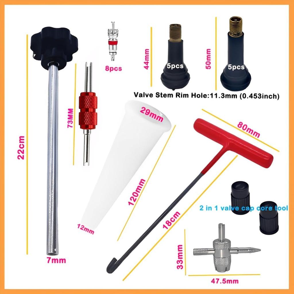 Valve Stem & Core Removal Replacement Tool Kit,Tire Valve Stem Tallation Tool Without Tire Removal, 2-In-1 Valve Stem Caps & Core Wrench,With 5
