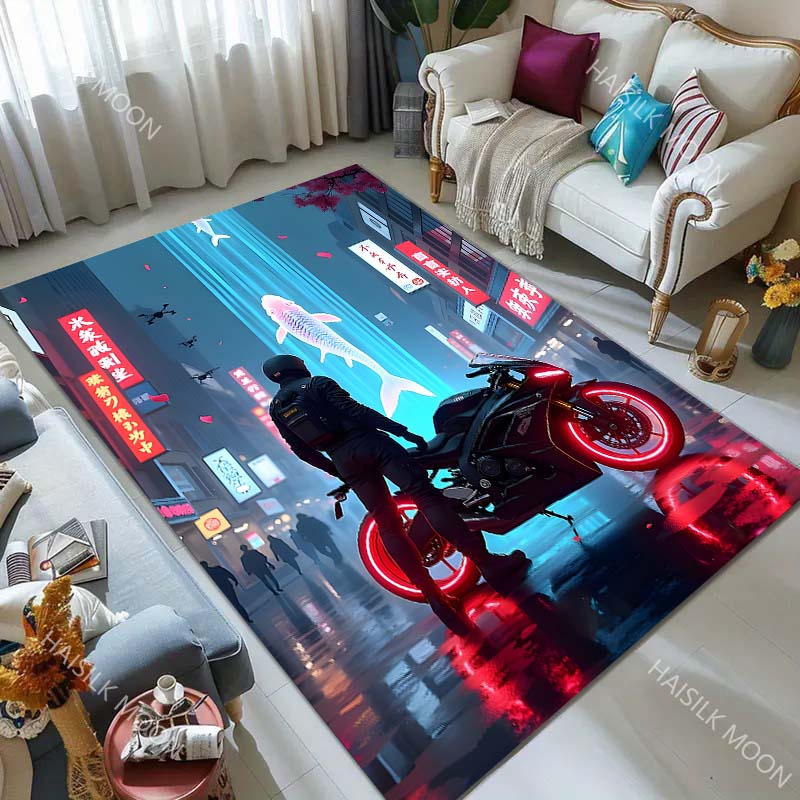 1PC Night Rider, Motorcycle Red Glow Carpet for Living Room Bedroom Sofa Home Decor Rus Non-slip Floor Mat Luxury Gift
