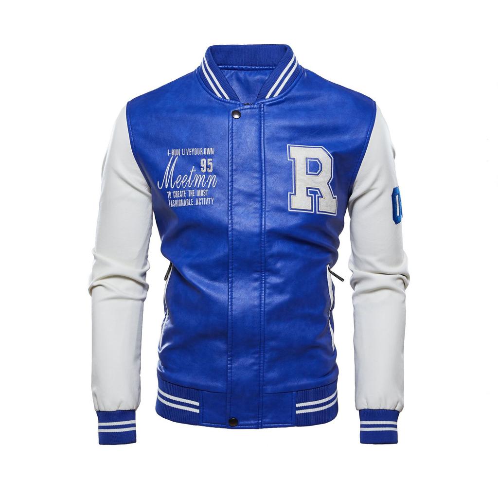 Men's new leather jacket men's casual jacket PU jacket baseball velvet stand-up collar light board public board printing