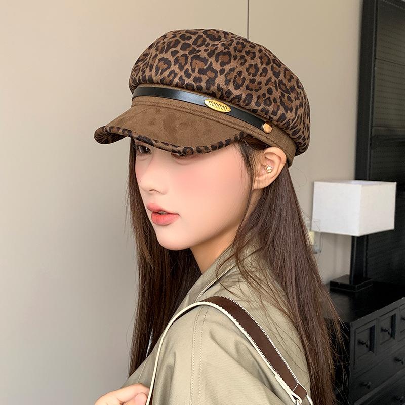 Retro Leopard Print Beret Women's Autumn and Winter Suede Duck Tongue Octagonal Hat Showing Face Little Hot Girl Niche Newsboy Hat
