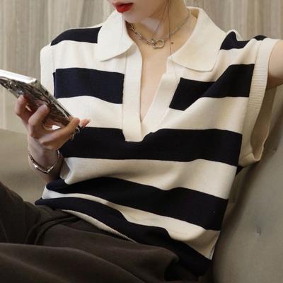 Moda Yazlık Kısa Kolsuz Üstler Çizgili V Yaka Örme Kısa Kollu Tişört Günlük Yazlık Temel Konfor ve Stil Slim Fit Kazaklar Tişörtler
