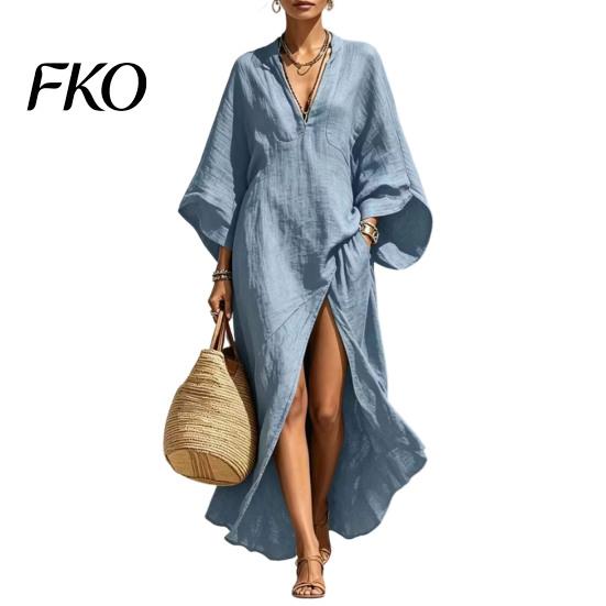 Sweat-absorbent Dress Women's Cotton Linen Maxi Dress, V Neck Batwing Sleeve Comfortable Daily Wear High Split Loose Casual Beach Sundress with