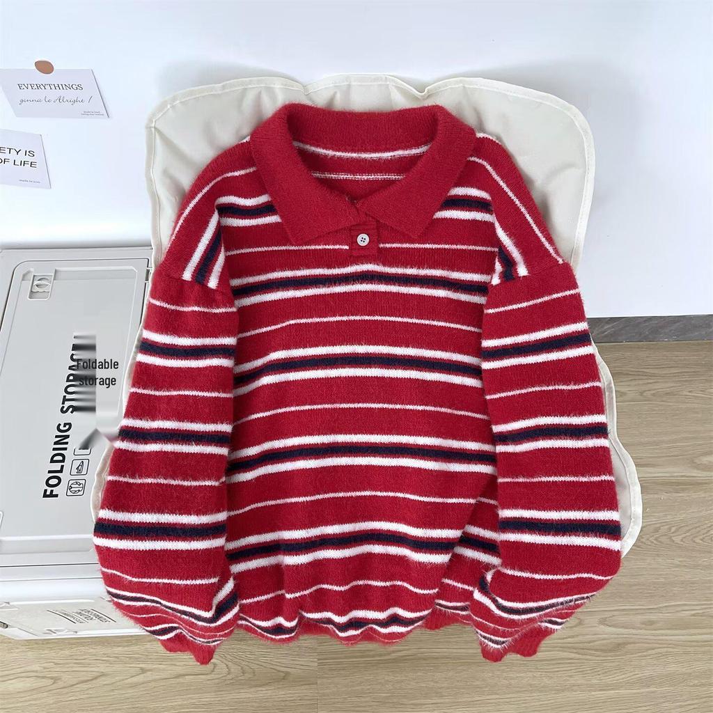 Men's Autumn/Winter High-End Retro Polo Collar Striped Mink Fur Sweater