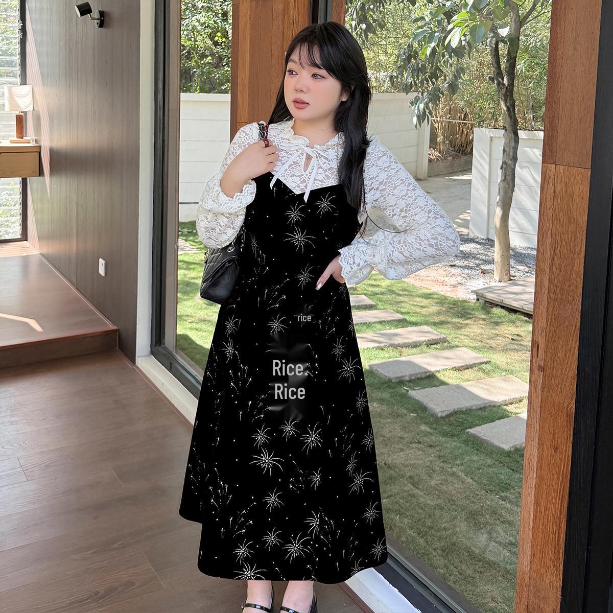 

Plus Size Lace Top & Sequin Slip Dress Set for Autumn/Winter 1XL (recommended 130-150 jin) чорний