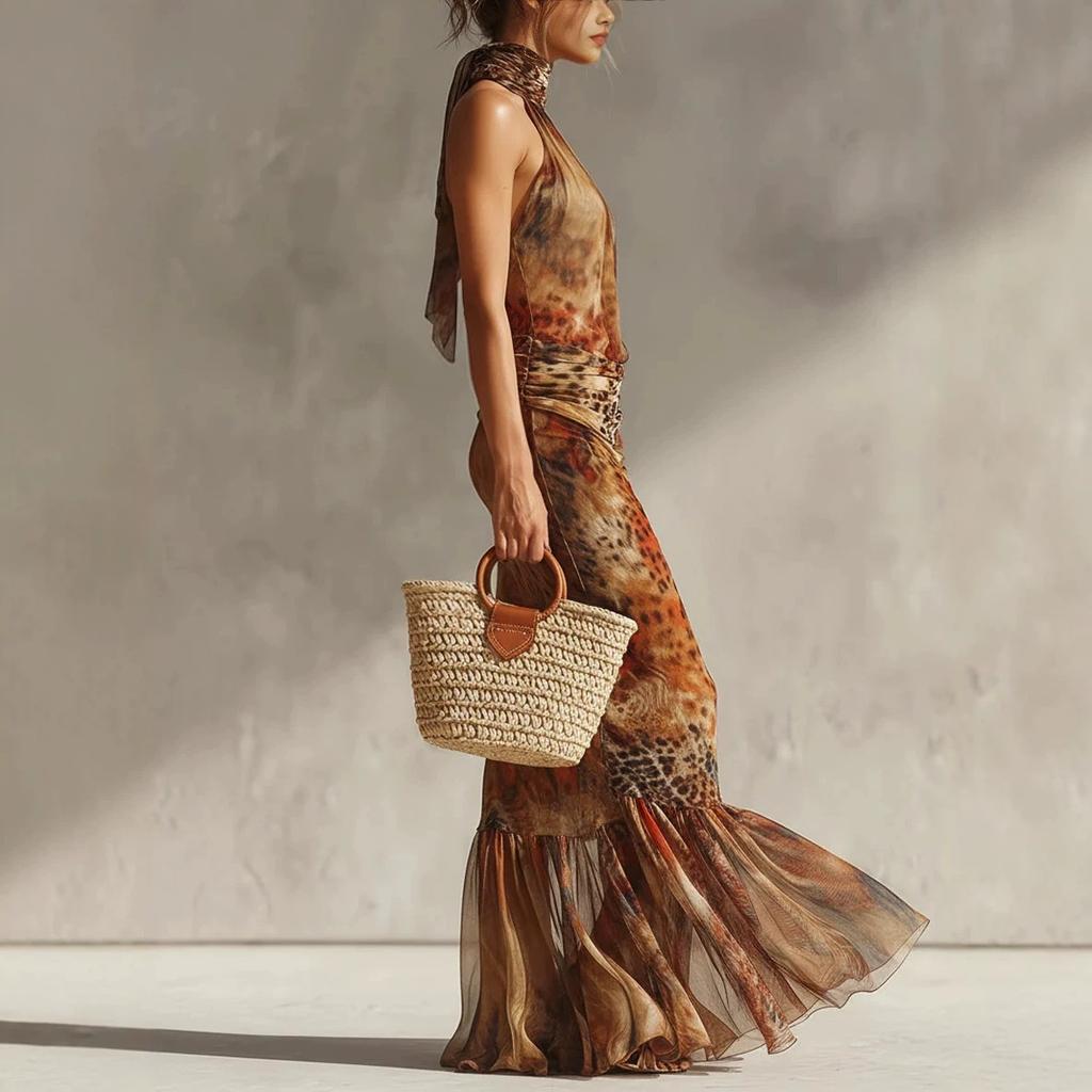 2026 summer new women's clothing vacation European and American printing lace-up neck sleeveless fishtail long dress dress
