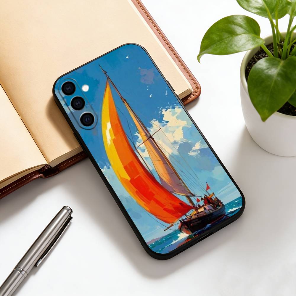 Ölgemälde Segelboot Handyhülle Für Samsung Galaxy A73,A72,A71,A70,A53,A52,A51,Weiche Silikon Schwarze Hülle