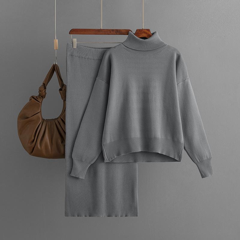 Knitted suit women's new autumn and winter new solid color turtleneck sweater half-body hip skirt two-piece set