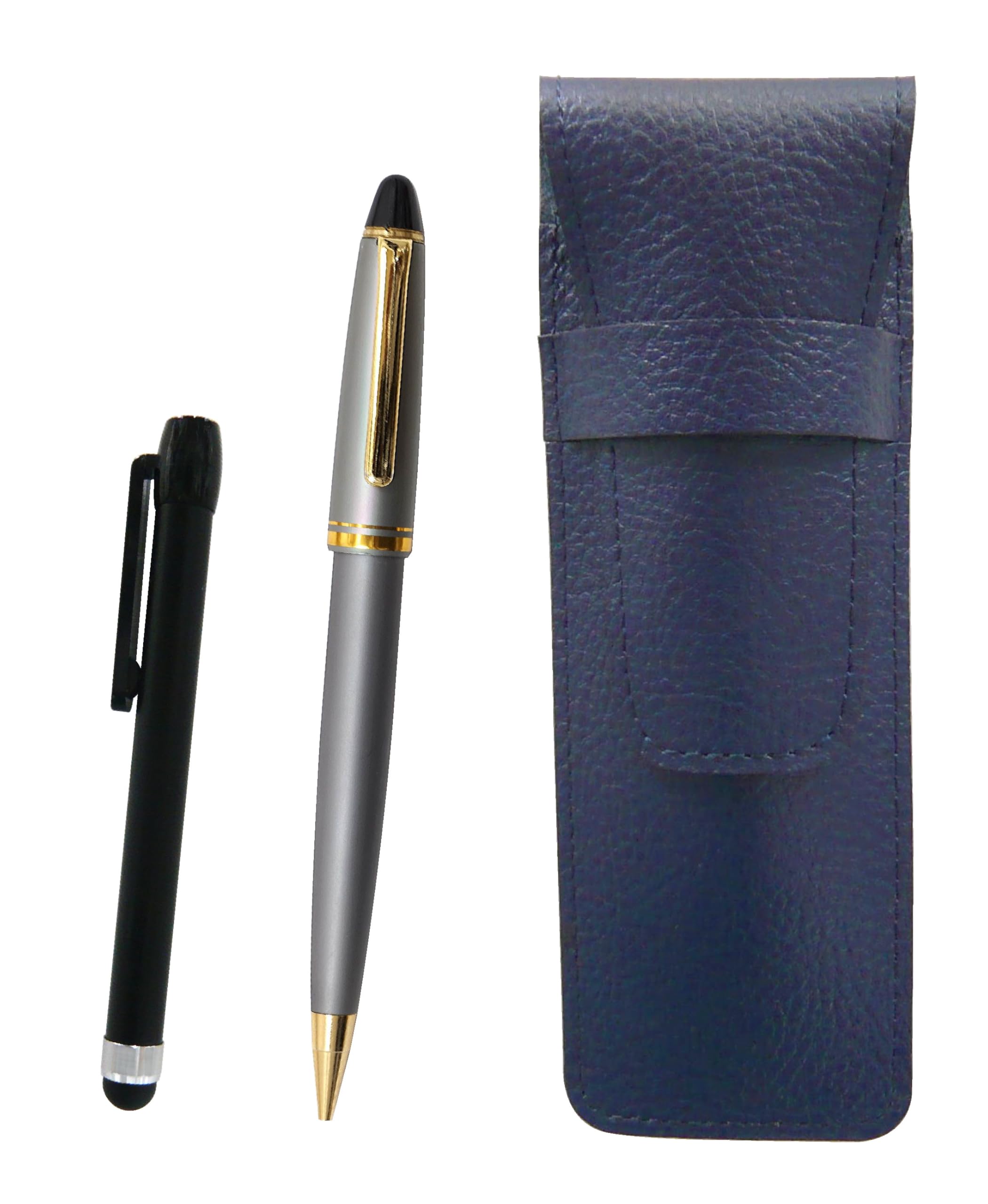 

Blue grained leather pen case, black metal touch stick, and Neo D-1000 satin gray retro mechanical pencil set (SASL-ALB-1000HS)