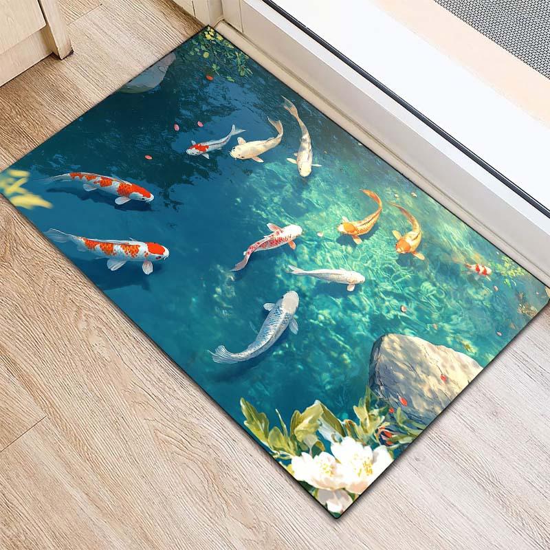 1pc Colorful Koi Fish Swimming Pattern Printed Area Rug, Creative Polyester Carpet, Soft and Comfortable for Bedroom, Office, Li