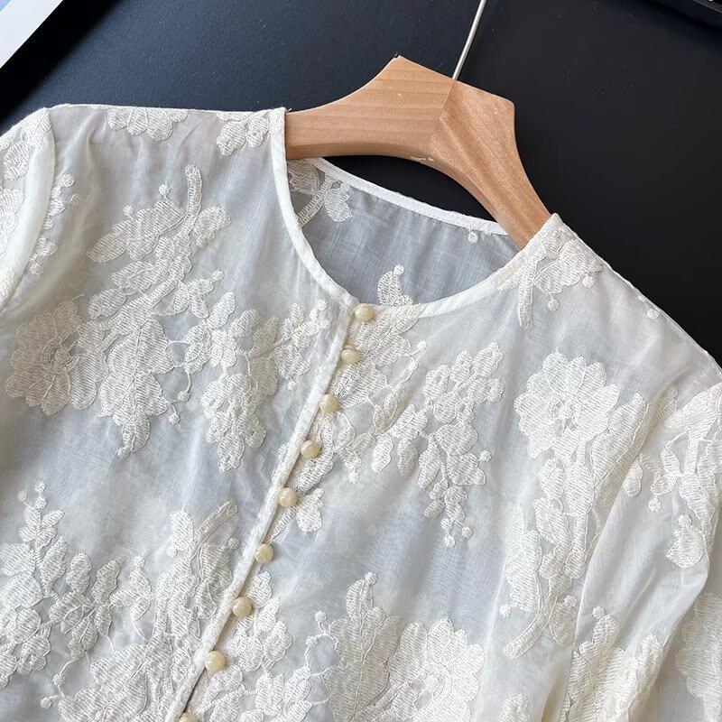 Semi-Transparent Lace Embroidered Women's Round Neck Blouse
