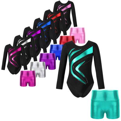 Kinderen meisjes dansset lange mouw strass turnpakje met shorts voor gymnastiekprestatiecompetitie