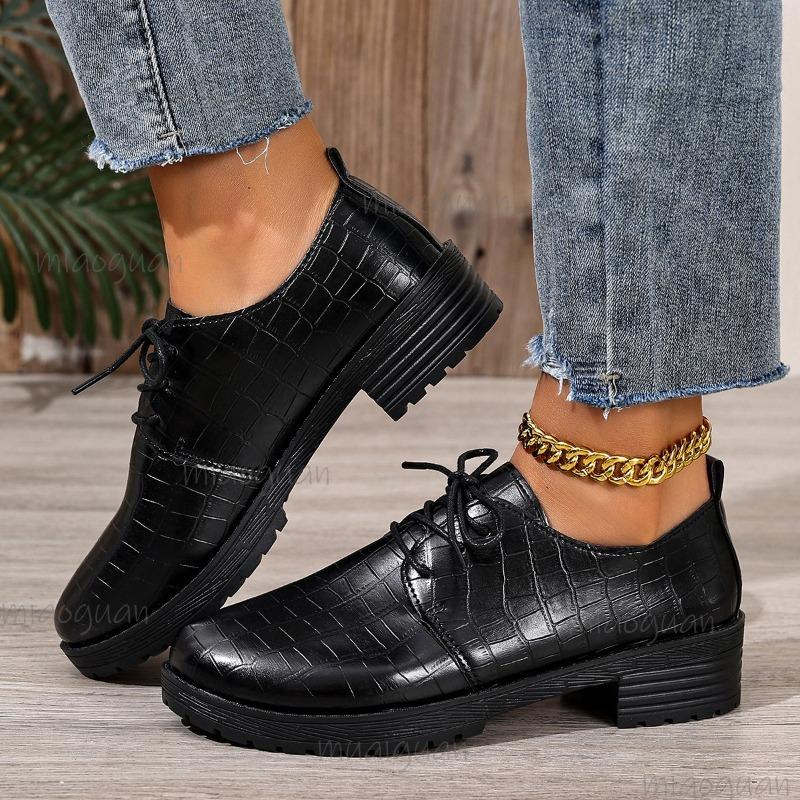 Retro Lace Up Low Top Shoes for Women Autumn 2025 New British Style PU Leather Size 36-43 Mid Heeled Loafers Zapatos De Mujer