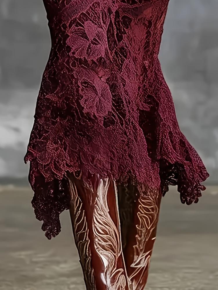 2026 Vår/Höst Elegant Hög Halsstickad Midi-klänning med Spetsfåll för Kvinnor